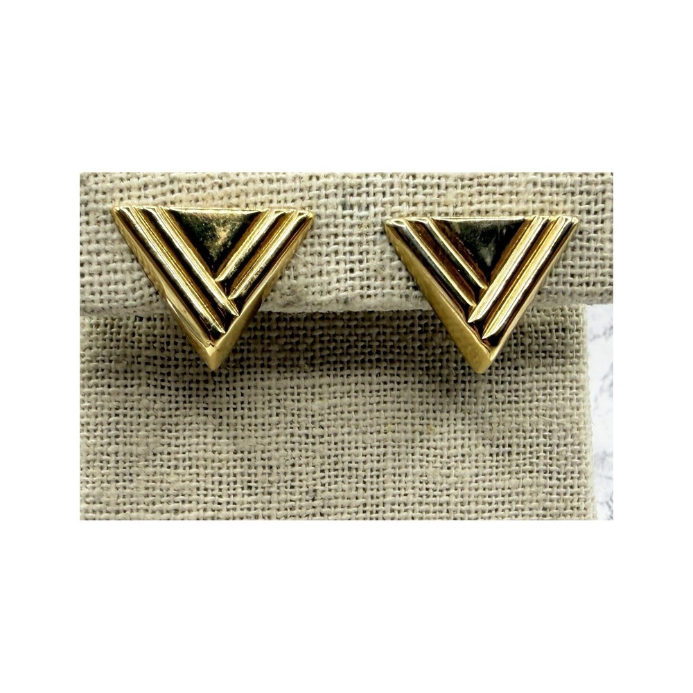 Vintage Avon Gold Tone Geometric Chevron Triangle Clip On Earrings